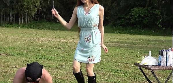  Japanese mistress Risa walking her slave pet in the outdoor